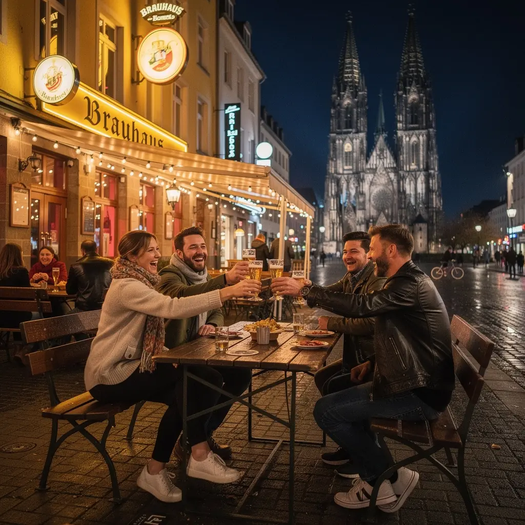 Touristen, die die beeindruckende Architektur des Kölner Doms bewundern.